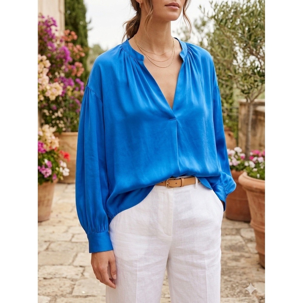 XIRENA Blue 100% Silk Blouse M Pleated V-Neck Balloon Sleeve Boho Coastal Chic